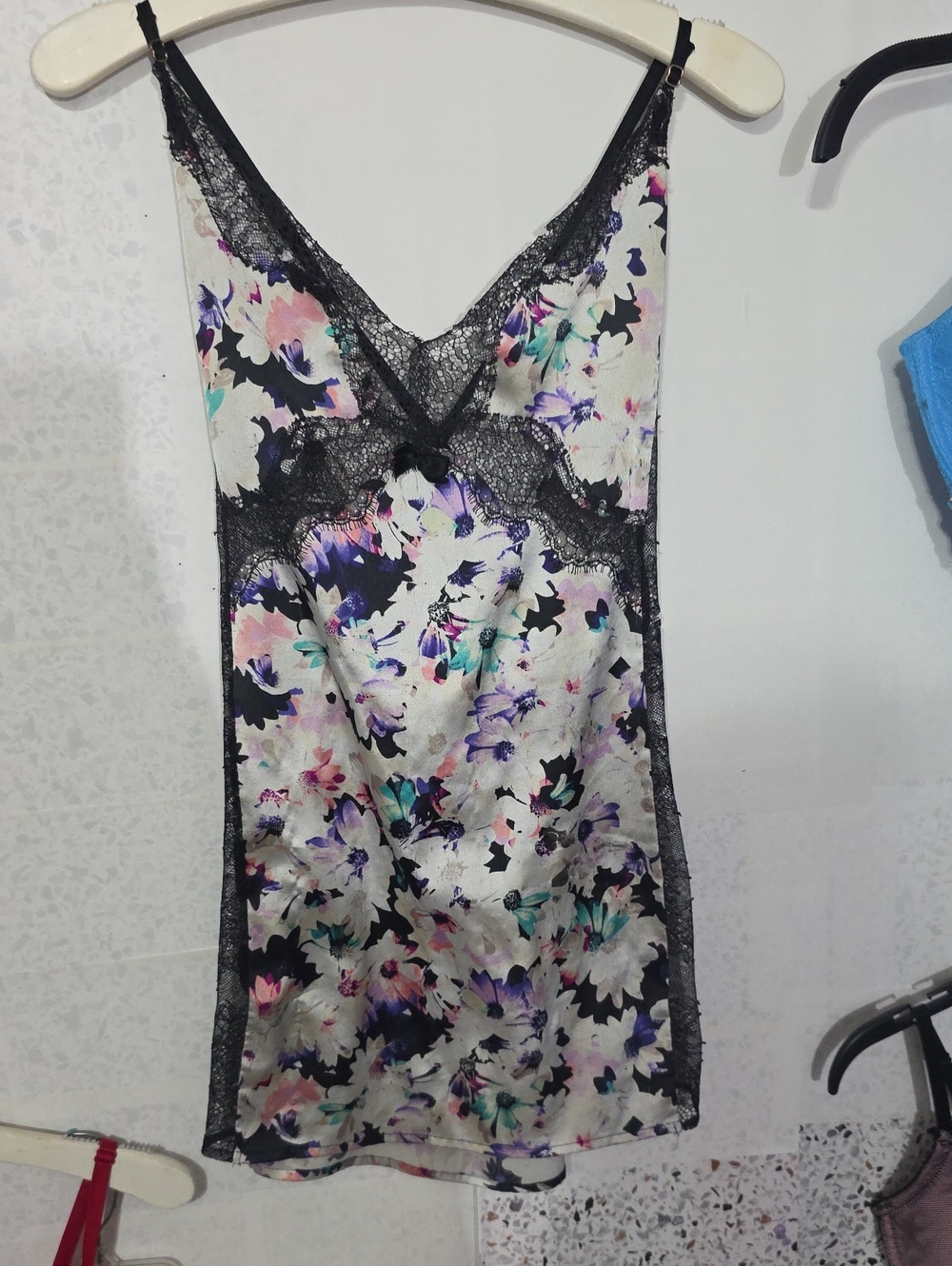 Victoria's Secret Satin Floral Chemise in Black & Multi-Color